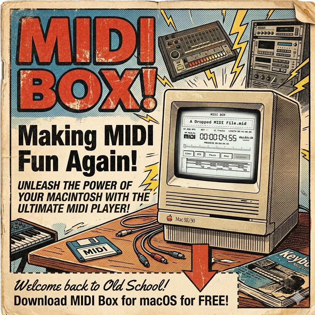 MIDI Box vintage graphic showing an old Mac, MIDI gear, and the words Making MIDI Fun Again