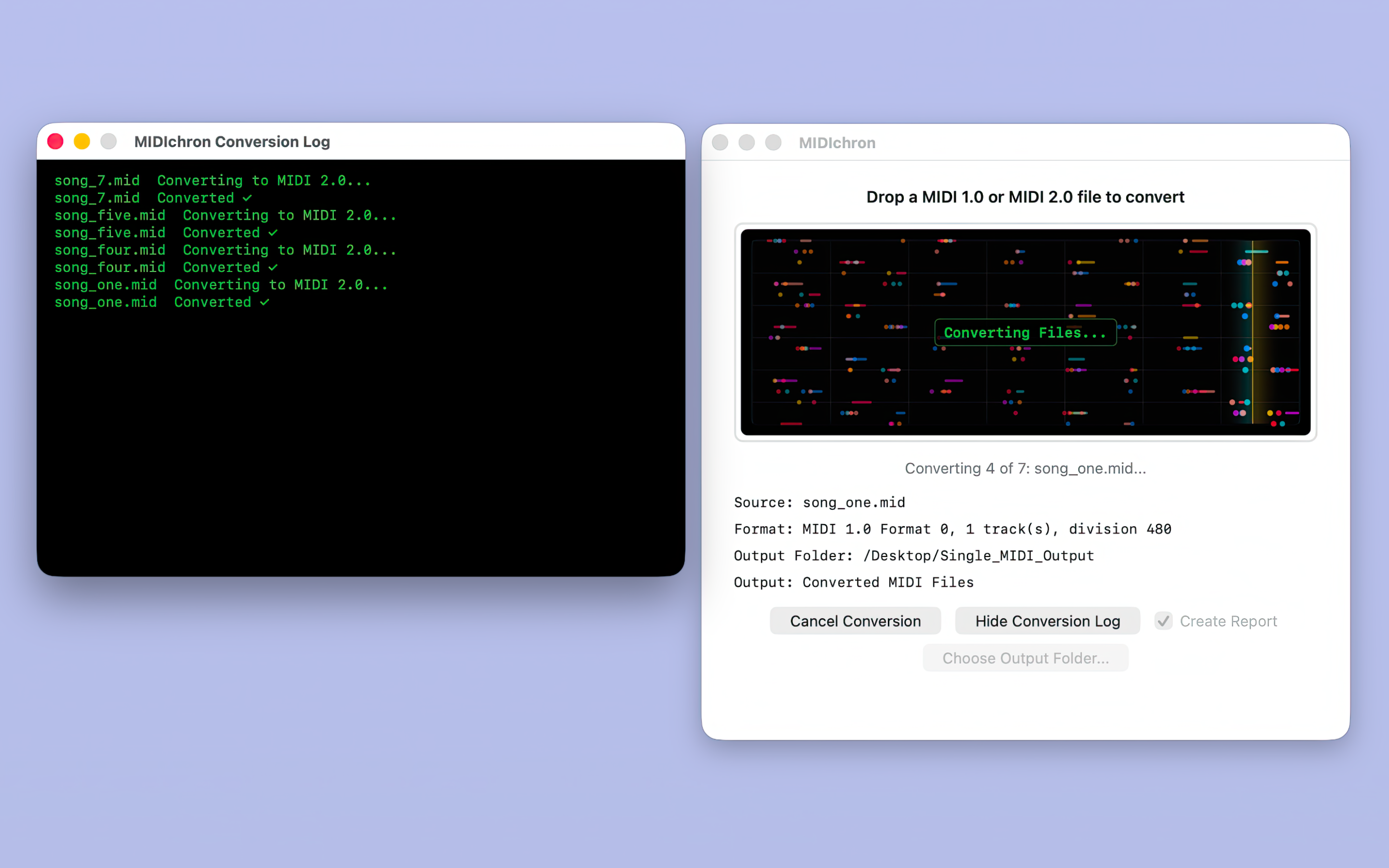 MIDIchron converting a batch of MIDI files between MIDI 1.0 and MIDI 2.0 with a conversion log visible