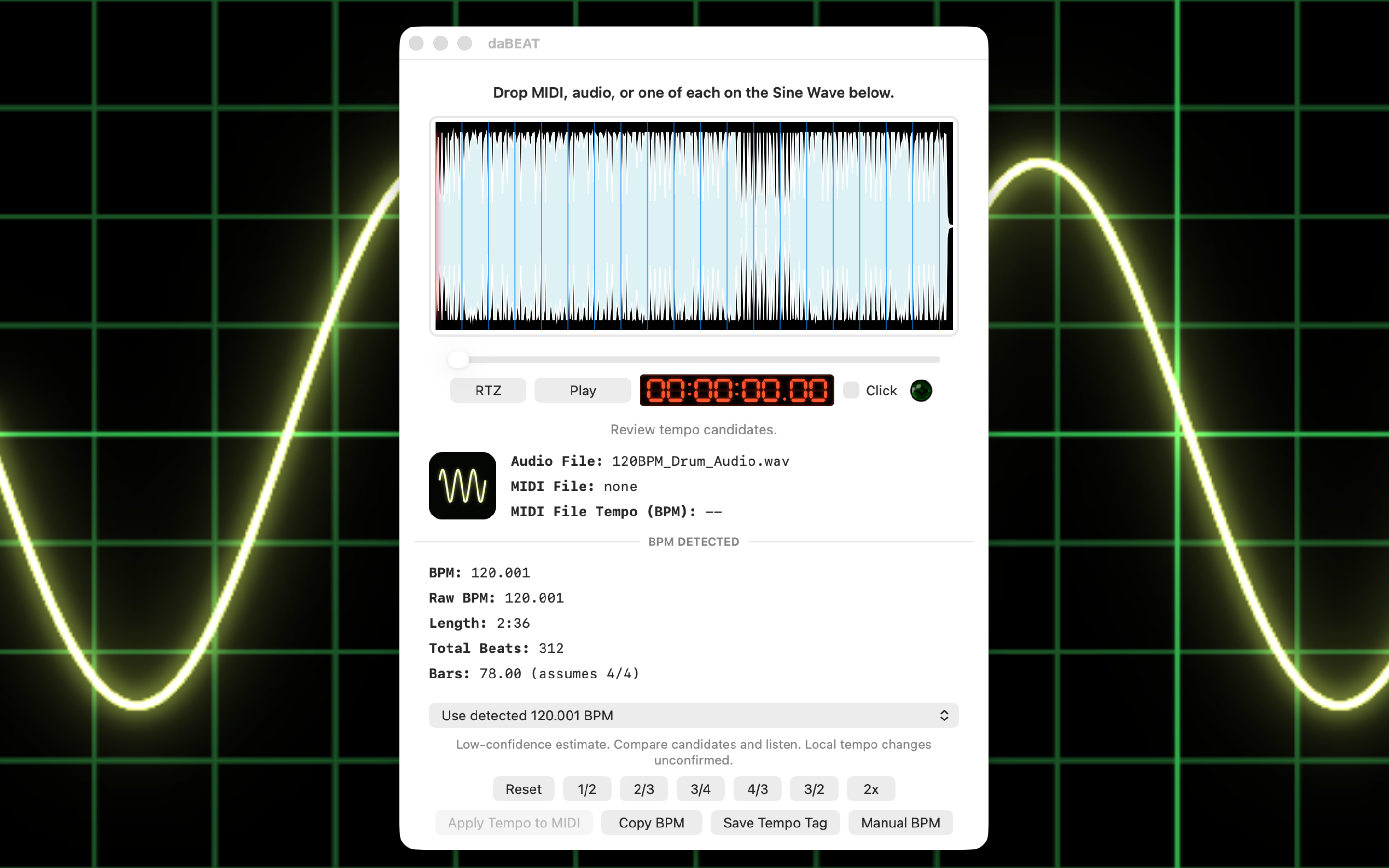 Explore daBEAT: waveform, detected BPM, playback, click track, and tempo tools