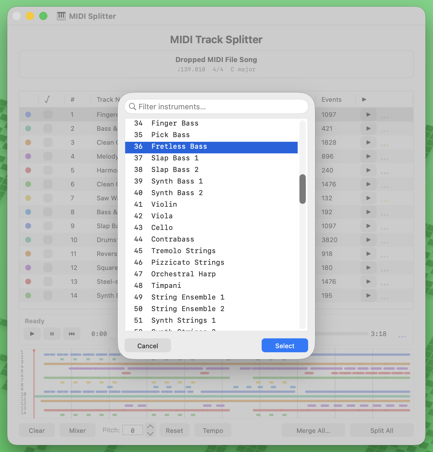 General MIDI instrument picker filtering and selecting Fretless Bass