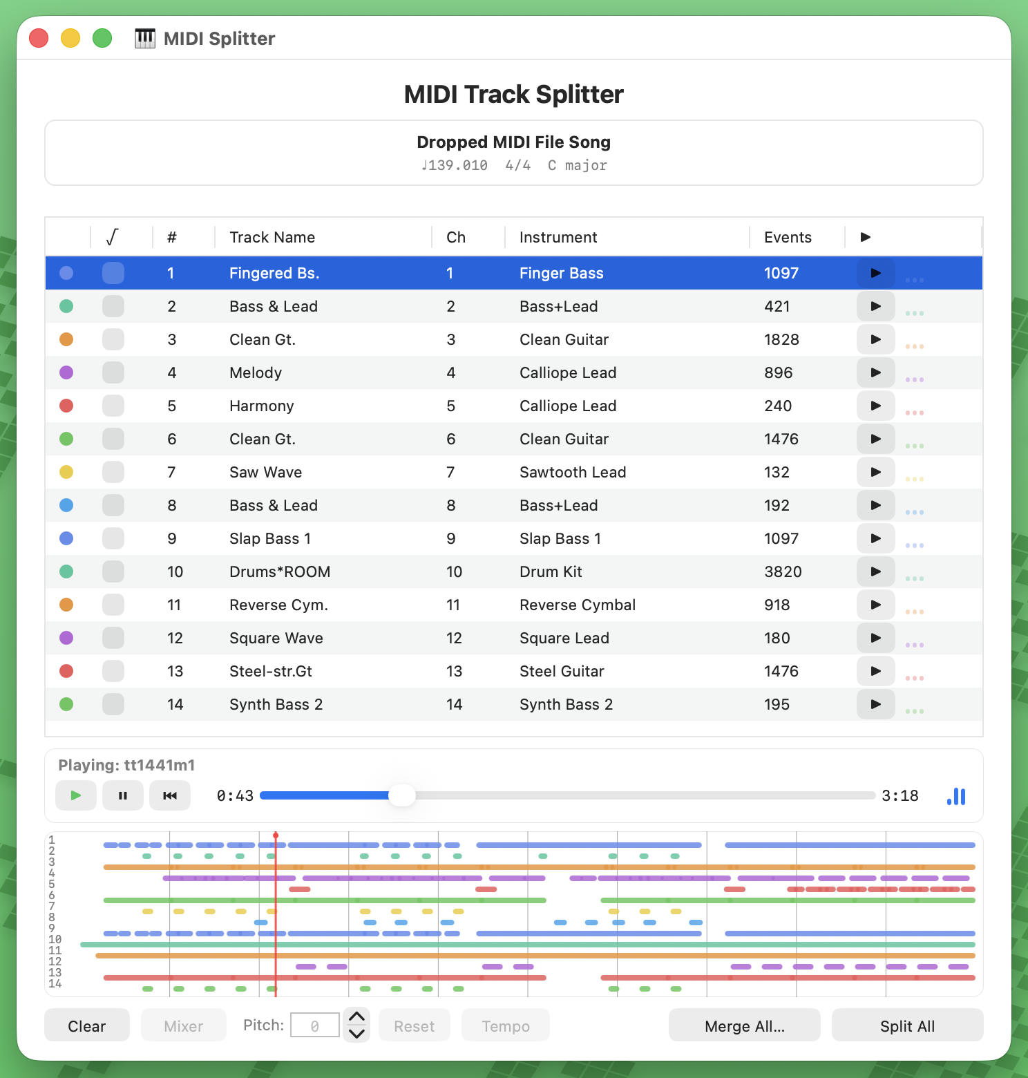 MIDI Splitter main window with a loaded MIDI file, track list, transport controls, and note timeline