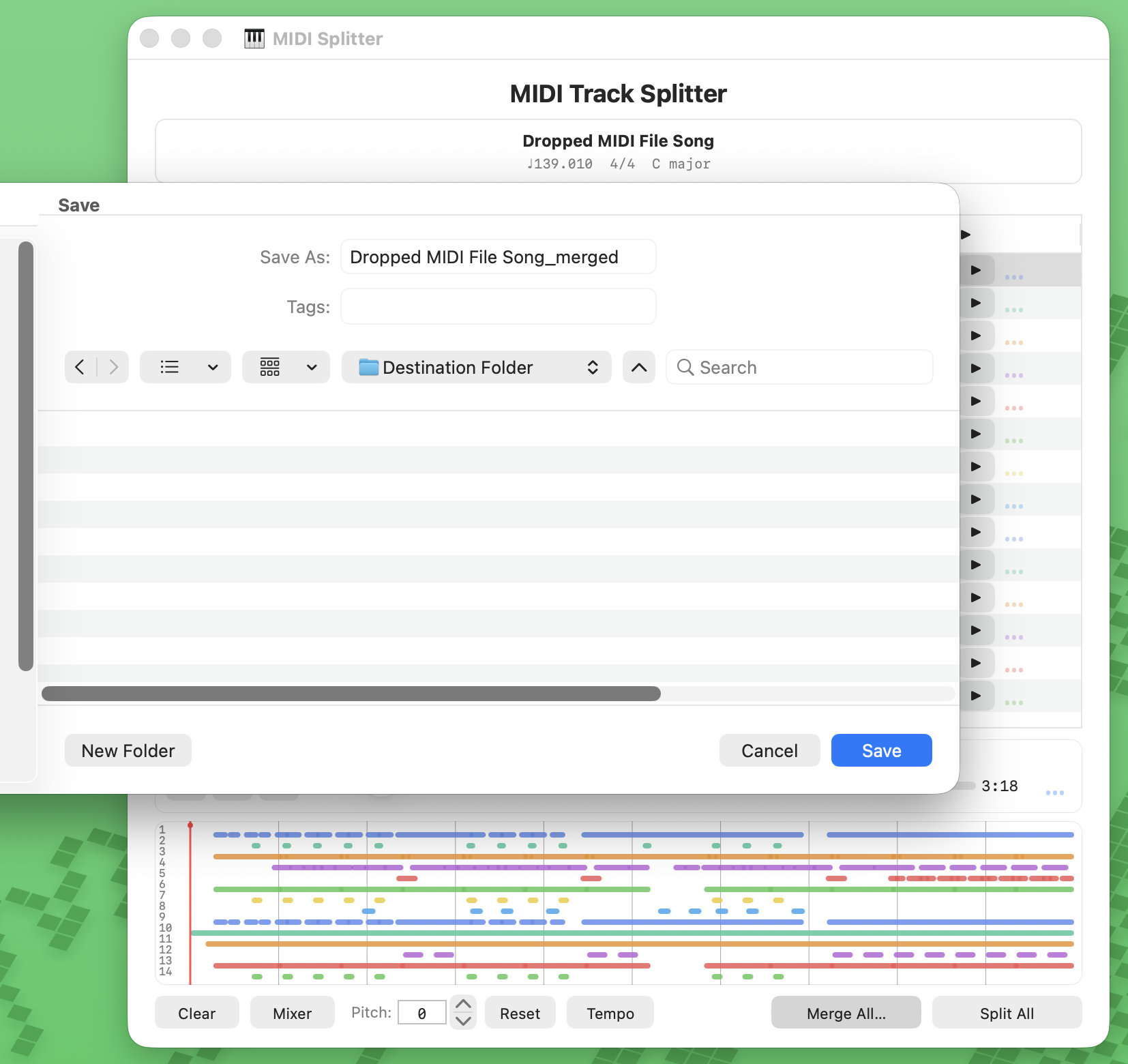 macOS save dialog for a merged MIDI file named Dropped MIDI File Song_merged