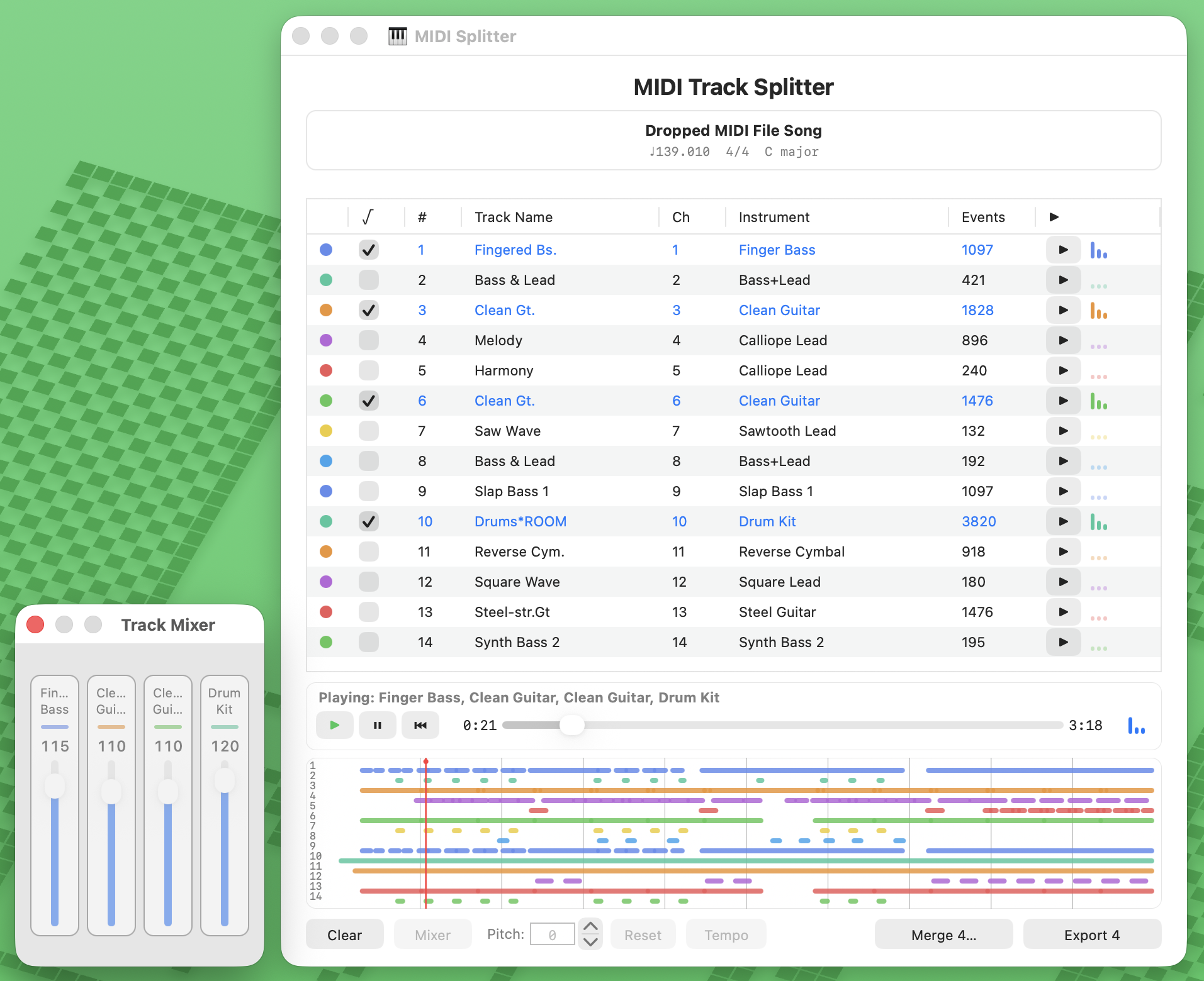 MIDI Splitter with four selected tracks, playback active, and merge and export buttons for the selected tracks