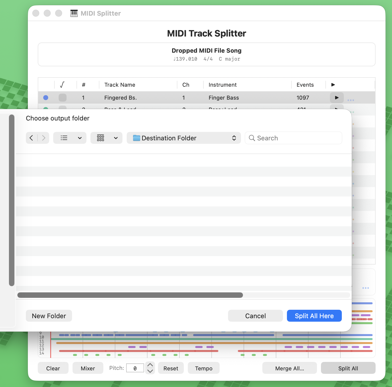 macOS output folder chooser with a Split All Here button