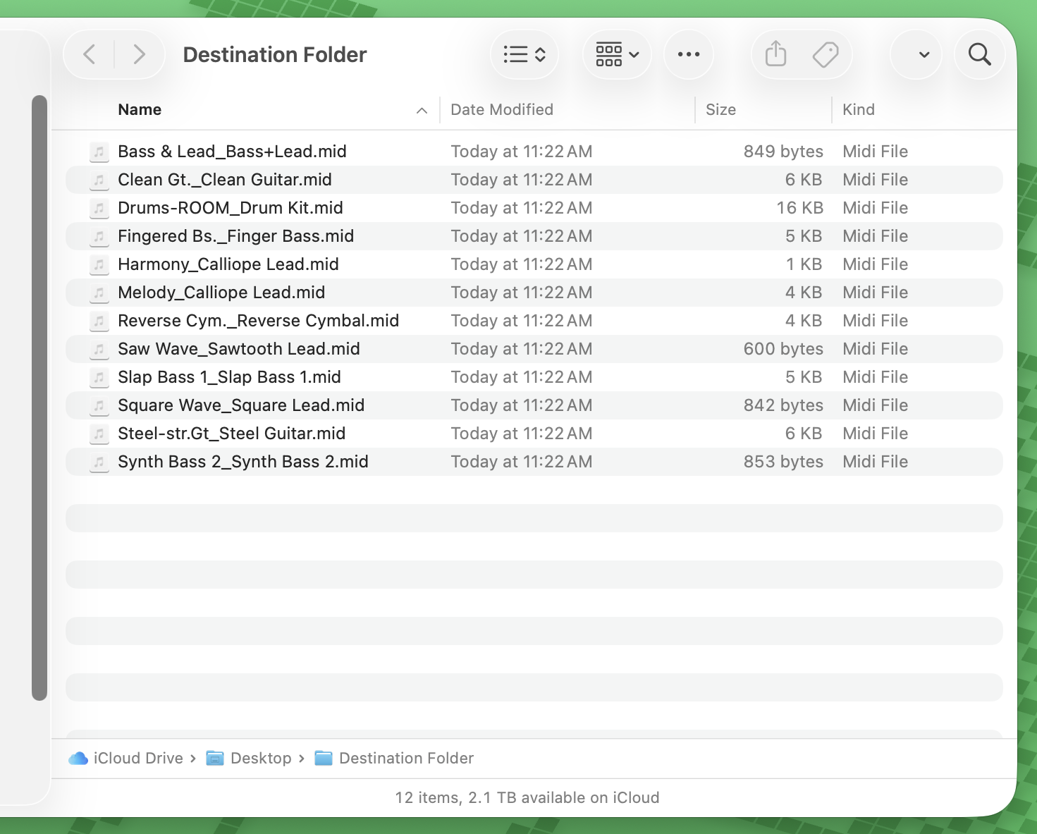 Finder window showing twelve exported MIDI files with track and instrument names