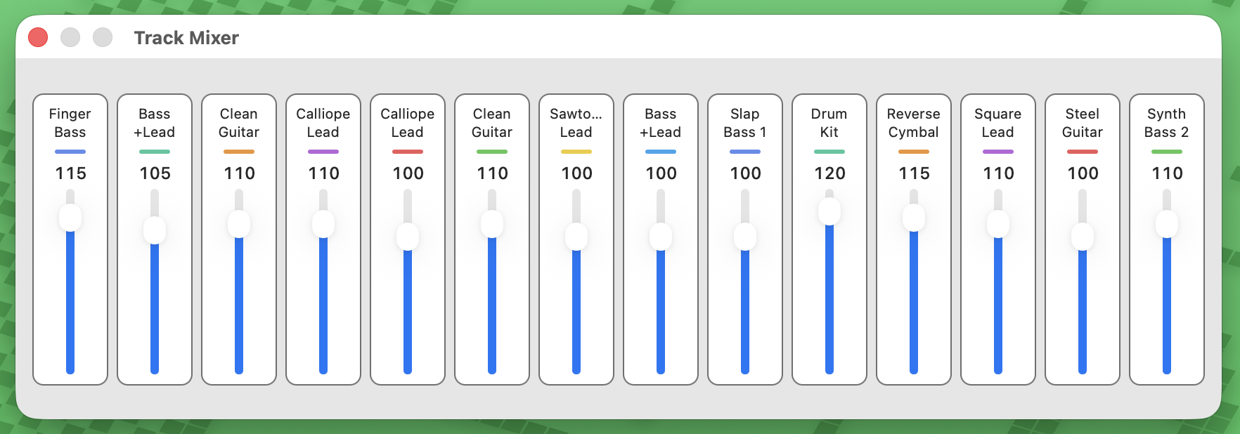 Track Mixer window with volume sliders for each MIDI track